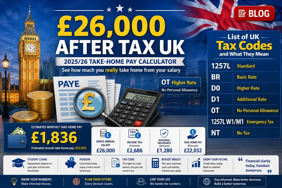 £26,000 After Tax UK calculator showing monthly take-home pay, Income Tax and National Insurance breakdown for the 2025/26 tax year.